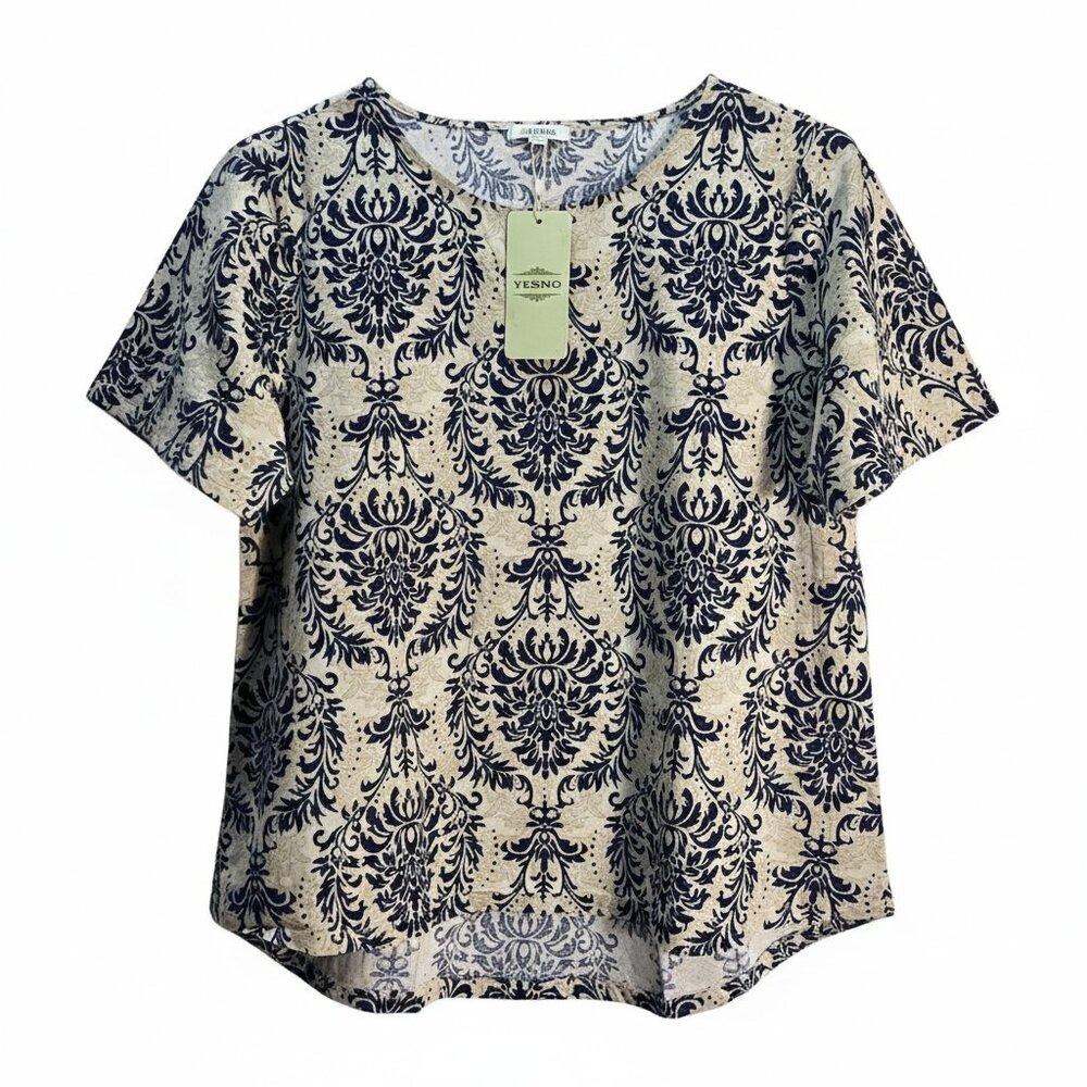 NWT | YESNO Navy & Cream Damask Print Boho Top | Artisanal | Large
